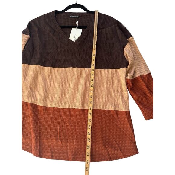 NWT Bloomchic 12 Waffle Vneck Colorblock Brown Rust Beige Long Sleeve Top #3620 - Picture 9 of 11